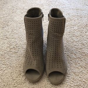 Taupe heeled open toed booties